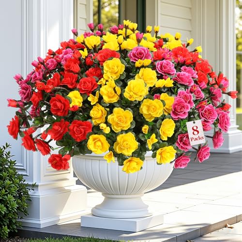 Alupssuc 8 Large Bundles Artificial Flowers for Outdoors Spring Decoration, UV Resistant Faux Flowers Silk Camellia Realistic Fake Flowers for Yard Planter Porch Balcony Garden, RedFuchsiaYellow - color: Red Rose Yellow