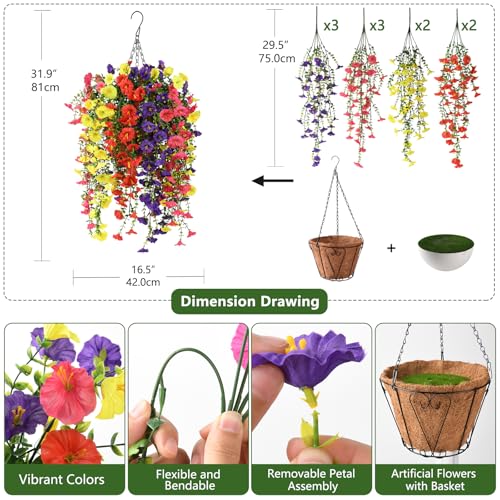 Homsunny Artificial Fake Hanging Flowers Plants Baskets for Outdoor Spring Decoration, Faux Morning Glory Silk Flower for Outside Realise UV Resistant Patio Yard Porch Balcony Home Decor (Mixed 1) - color: Mixed 1