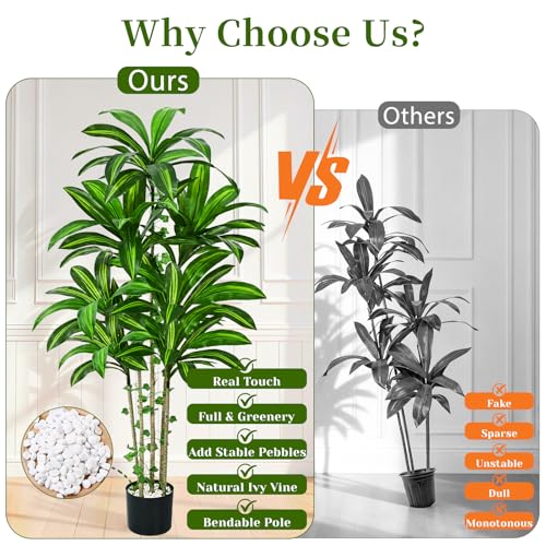 Dolicer 5FT Tall Look Real Artificial Dracaena Tree Indoor with Black Planter, Realistic Artificial Fake Faux Indoor Plants with Natural Trunk and Lifelike Leaves for Home Office Living Room - size: 5FT