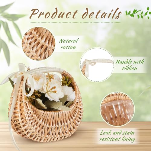 Taiyin Rattan Flower Girl Basket Small Half Moon Straw Wicker Basket with Handle Ideal for Wedding Flower Girl,Picnic,Garden Storage and Home Decor(White Ribbon) - style: White Ribbon