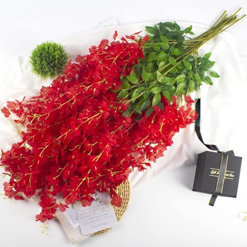 WEISPARK Fake Hanging Flowers - 12 Pieces 3.75 Feet/Piece Artificial Wisteria Vine Ratta Hanging Garland Silk Flowers for Home Party Wedding Decor (Red) - color: Red