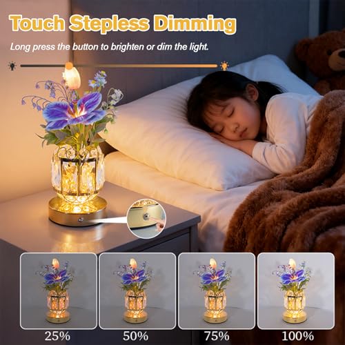 Flower Table Lamp, 3-Color Dimmable Tulip Artificial Flowers Night Light, Rechargeable Cordless Small Lamp, Ambient Light with Crystal Vase for Party Home Desk Decorations (Purple Blue - Flower) - color: Purple Blue - Flower