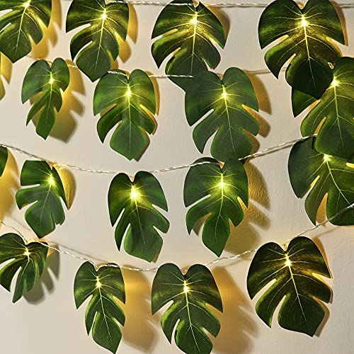 RECUTMS Monstera Leaf String Lights 2 Pack, 20LED Tropical Artificial Rattan Palm Green Leaves Wall Hanging Vine Greenery,Outdoor Indoor Hawaiian Luau Jungle Safari Beach Theme Party Summer Decoration - color: A Monstera Leaf String Lights 2 Pcs