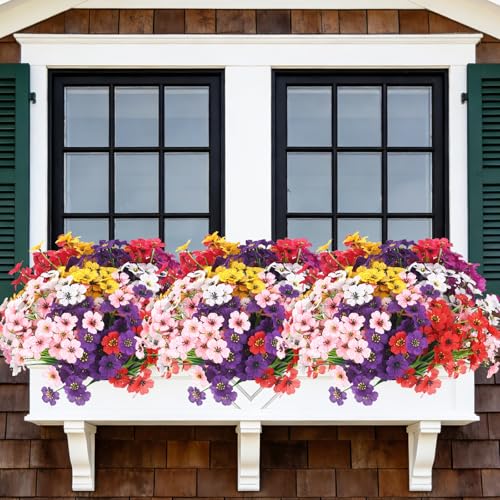 16 Bundles Artificial Flowers for Outdoors UV Resistant Faux Plastic Plants Fake Silk Flowers for Outside Garden Patio Porch Window Box Decoration