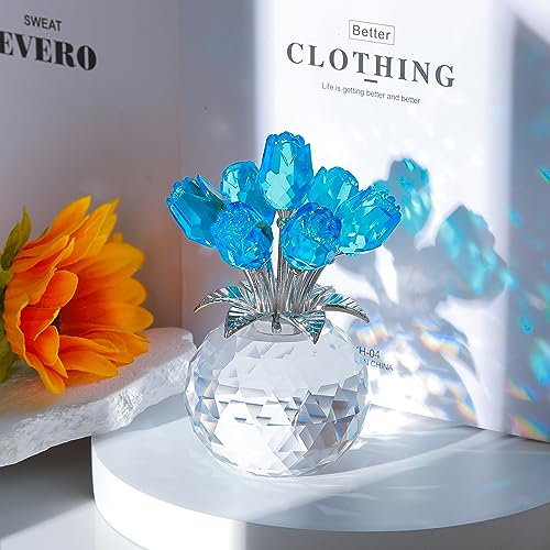 Lake Blue Rose Flower Crystal Figurine with Vase, Bouquet Flowers Ornament Gifts for Wife Girlfriend Women, Handmade Crystal Flower Collectible Home Table Decor for Valentines Day Wedding Anniversary - color: Lake Blue-crystal Rose