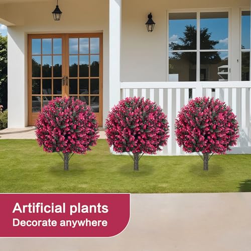 Artificial Red Eucalyptus Topiary Ball Tree, Outdoor Faux Evergreen Shrubs with Ground Spike, UV Resistant Fade Proof Fake Plants, Set of 4 for Garden Patio Yard Indoor Deco .25Inch - color: Pink-coloured