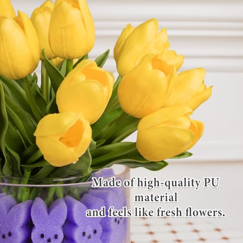 ORIENTAL CHERRY Easter Decorations - Easter Peeps Decor - 15 Artificial Tulips with 45 Bunnies Vase Filler Set, Spring Home Indoor Decoration Centerpieces for Tables - style: 15 Yellow Tulips with 45 Peeps Bunnies