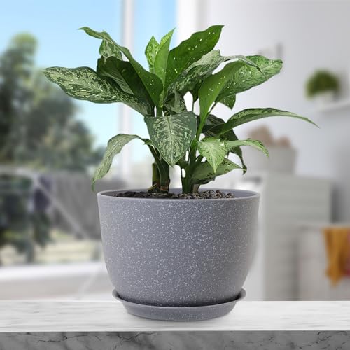 Meowell Plant Pots 12 inch, Plastic Planters with Drainage Holes and Saucers, Large Flower Pots for Indoor Outdoor Plants, Modern Decorative Pots for Garden House Plants, Speckled Grey - color: Speckled Grey, size: 12inch C
