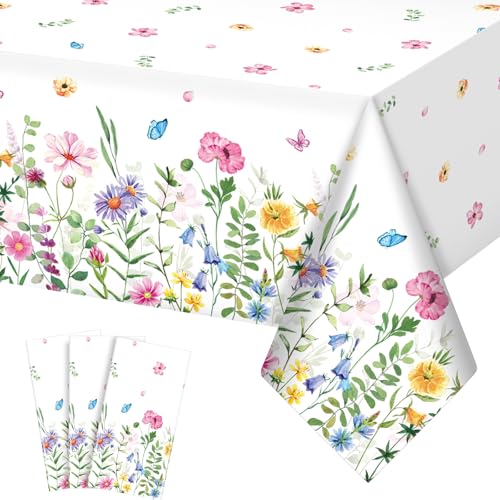 3Pcs Spring Floral Plastic Tablecloth,Pink Purple Blue Flower Butterfly Disposable Table Cover for Home Decor Summer Spring Picnic Dining Holiday Weeding Birthday Tea Party Decorations,54x108 Inch - size: 108" X 54" (Rectangular) - 3 Pack