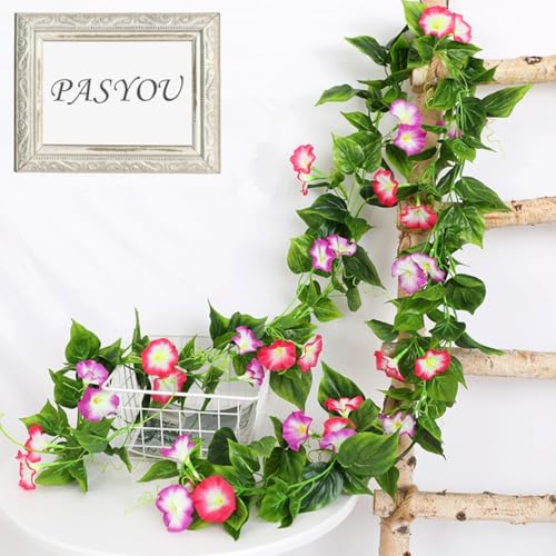 Artificial Morning Glory Flower Vines, Fake Hanging Plants Green Vine Silk Garland Flowers Faux Greenery Plastic Plant for Indoor Outdoor Garden Wall Fence Stairway Wedding Home Decor Pink 2 Pack - color: Morning Glory Vines - Pink 2 Pcs