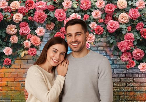 10x8FT Pink Rose Flower Backdrop Colorful Brick Wall Flowers Backdrops Wedding Birthday Party Baby Showers Decorations Background D771 - size: 10x8ft