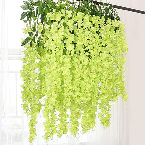 12 Pack Green Wisteria Hanging Flowers Garland, 3.77 Feet Artificial Flower Vines, Fake Wisteria, Artificial Vines Hanging Garland for Backdrop Outdoor Yard Garden Decor - color: Green, size: 12 PCS