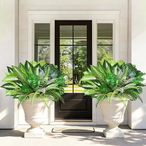 Livole Artificial Plants Outdoor, Artificial Greenery Fake Plants | Large 8pcs, UV Resistant, Realistic, Large Bunches Faux Plants for Porch Patio Garden Spring Summer Home Decor - size: 8 Pcs