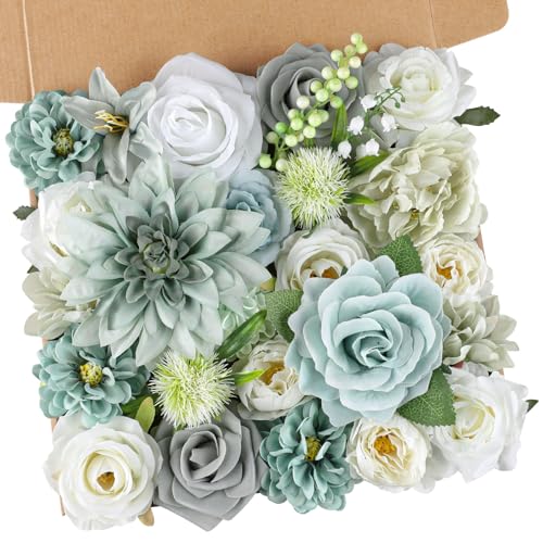 AmyHomie Teal Blue Artificial Flowers Combo Silk Mix Peony Rose Fake Flowers w/Stem for DIY Wedding Bouquets Centerpieces Arrangements Table Fall Decor Party Bridal Baby Shower Home Decorations - color: Teal Blue
