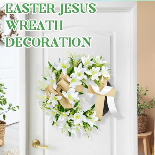 18 Inch Easter Wreath with Cross for Front Door Artificial Lily Flowers Cross Wreath Spring Easter Religious Garland Hanging Ornament for Spring Holiday Farmhouse Wall Window Party Decor - color: Easter-1