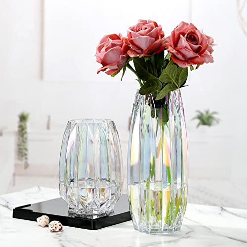 Glass Vase - Modern Ribbed Glass Vase for Flowers, Candles, and Decorative Accents -Black Grey, Amber, Clear and Colored Tall/Short Glass Vase for Centerpieces Home Table Decor (Colored, H-11.8inch) - color: Irised, size: H-11.8inch