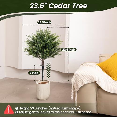 AENTGIU 23.6" Artificial Cedar Topiary Ball Trees, 2-Pack Outdoor Faux Cypress Shrubs with Ground Spikes, UV Resistant Fake Greenery Bushes for Front Porch Planters, Patio, Entryway, Garden Decor