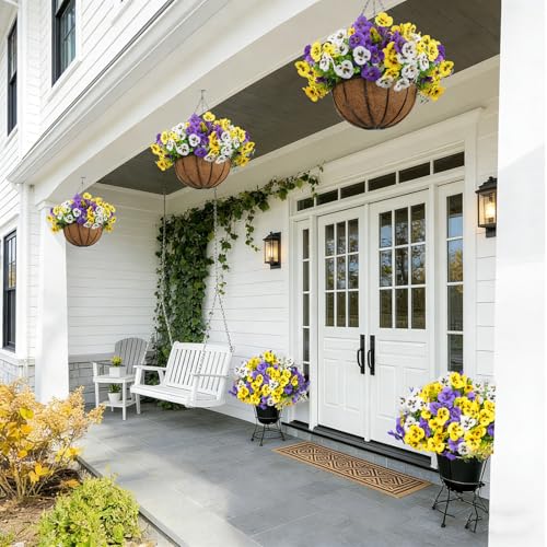 SupBri Artificial Pansies Hanging Flowers with Basket & 2 Fake Butterflies, Silk Flowers for Outdoor Spring Summer Decor, UV Resistant Hanging Plants for Garden Porch Patio (1 Set - color: Hanging Set (Yellow/Purple/White )