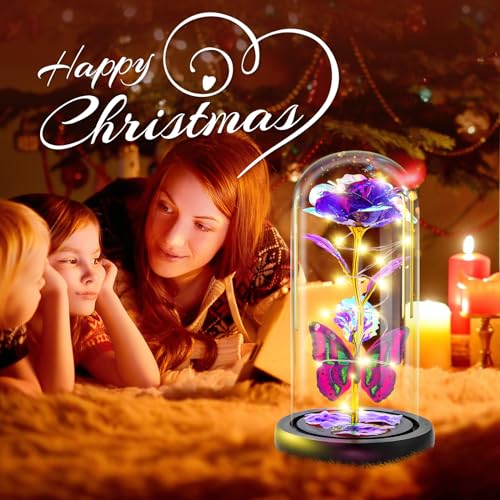 Otlonpe Preserved Artificial Rose Flower Lamp, Forever Women Gifts for Birthday Christmas Valentines Mothers Day, 7.7'' Purple Glass Rose Gifts for Mom Grandma Daughter Wife Girlfriend, Home Decor - color: Purple