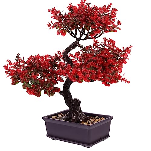 EXCEART Artificial Bonsai Tree Plastic Faux Potted Plant Desktop Decor 14.2X11.8X3.9 Inches No Maintenance Realistic Greenery for Home Office - color: Red