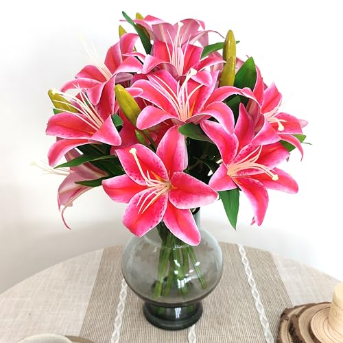 ATFL Artificial Lilies Flowers,9 Pcs Faux Lily Flowers,16''Tiger Lily Branches with 2 Full Blooms and 1 Bud,Faux Fake Lilies Plants for Wedding Bouquet Floral Arrangements (9, hot Pink) - color: Hot Pink
