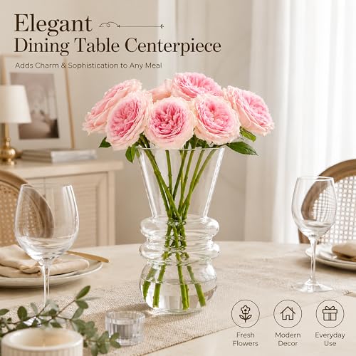 Clear Glass Flower Vase for Fresh Flowers, Decorative Ribbed Vase for Dining Table Centerpiece, Living Room and Office Desk Decor, Housewarming Gift - color: White