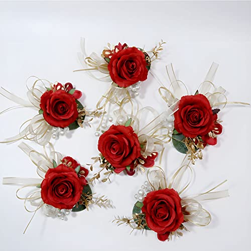 Bridal Wrist Corsage 2pcs Satin Rose Hand Flower for Wedding Bride Bridesmaid Mother Sisters Wristband for Prom, Homecoming, Quinceanera, Tea Party, Bridal Shower, Formal Dinner, Red - color: Red Wrist Corsage
