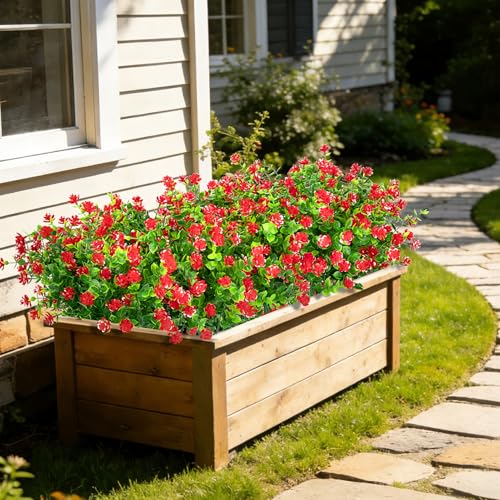 Roberly 24 Bundles Artificial Flowers for Outdoors, UV Resistant Eucalyptus Fake Flowers Shrubs Greenery Plastic Plants for Garden Porch Window Box Farmhouse Indoor Home Decor,Red - color: Red