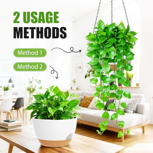 8 Inch Hanging Planters for Indoor Outdoor Plants, 4 Pack White Brown Plastic Self Watering Hanging Baskets with Drainage Holes and Chain for Garden Porch - color: White Brown