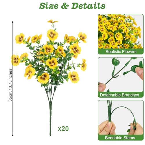 Roberly 20 Bundles Artificial Flowers for Outdoors, Fake Silk Flowers with Plastic Eucalyptus Greenery Stems Realistic Faux Plants for Spring Summer Porch Patio Yard Garden Vase Home Decor, Yellow - color: Yellow