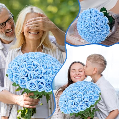 72 Pcs Artificial Roses Aqua Blue Fake Silk Roses Realistic Roses Faux Flower Indoor Wedding Home Decor, Birthday Decorations - color: Aqua Blue