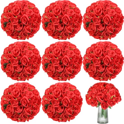 Hoteam 72 Heads Artificial Red Rose Flowers 6 Bouquet Wedding Decoration Faux Flower Arrangement Bouquet with Stem Bridal Shower Gift Floral Centerpiece for Tables - color: Red