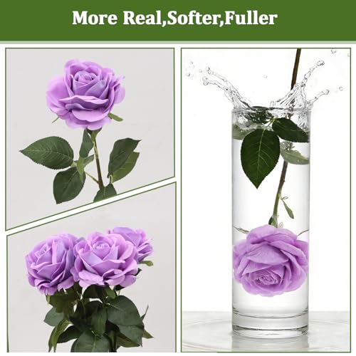 Artificial Rose Flowers, 4Pcs Real Touch Long Stem Faux Roses, Lifelike Latex Roses for Wedding Bouquet, Table Centerpiece, Home Decor, DIY Floral Arrangement, Purple - color: Purple