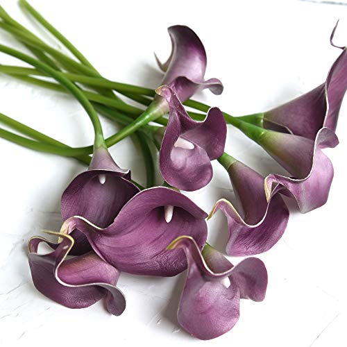 FiveSeasonStuff Real Touch Calla Lily Artificial Flowers Wedding Bridal Bouquet | Floral Arrangements | 15 Calla Lilies (Plum Purple) - color: Plum Purple