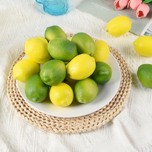 Fake Lemons, 20 Pcs Green and Yellow Simulation Lemons Mixed Set Lifelike Fake Fruits for Home Kitchen Fruit Model Cabinet Decor Photography Props