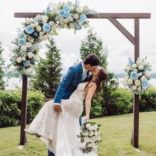 Felice Arts 12 Pack Light Blue Artificial Flowers with Stems Silk Roses Fake Flowers Bouquet for Wedding Table Vase Home Kitchen Party DIY Decor - color: Light Blue
