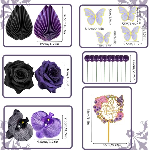 29 PCS Flower Cake Topper Palm Leaves Butterfly Ball Boho Cake Decorations Acrylic Happy Birthday Cake Toppers Cupcake Cake Topper for Wedding Birthday Party Decoration Supplies(Black Purple) - color: Black Purple