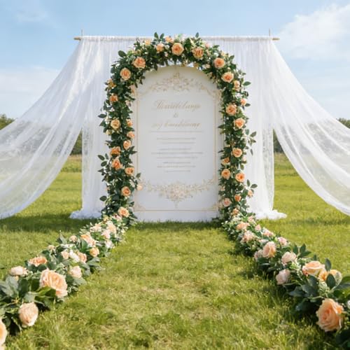 2 Pack 11.2 Ft Artificial Flower Garland with Champagne Roses, Realistic Fake Greenery Vines with 17 Roses Flowers for Wedding Table Centerpieces Arch Party Ceremony Backdrop Decor (Champagne) - color: Champagne