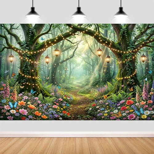 6X4ft Enchanted Forest Backdrop Garden Archway Butterfly Floral Woodland Fairy Tale Photography Background Birthday Baby Shower Party Photo Booth Props Wall Decor Banner - color: Multi15, size: 6X4FT