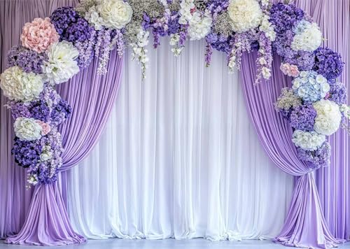 5 x 3 ft Flower Photo Backdrop Floral Purple Photography Background White Curtain Spring Wedding Baby Shower Girl Princess Birthday Party Supplies Photo Studio Props - color: Purple02, size: 5X3FT