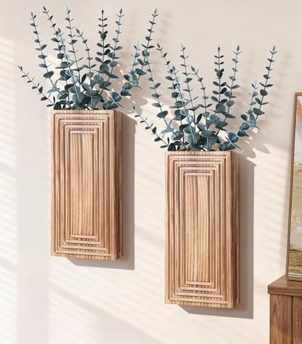 Wooden Wall Planter Vase, 2 Pack Brown Wood Hanging Vases with Fake Eucalyptus for Indoor Modern Boho Farmhouse Wall Art Decor for Home Indoor Kitchen Modern Farmhouse Bathroom - color: Burnt Brown With Eucalyptus