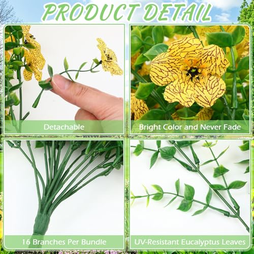 Suncalla 4 Pcs 30In Artificial Hanging Flowers for Outdoor Planter 156 Branches Trailing Faux Potted Plant Fake Floral UV & Fading Resistant for Wedding Patio Spring Summer Decor(Yellow) - color: Yellow