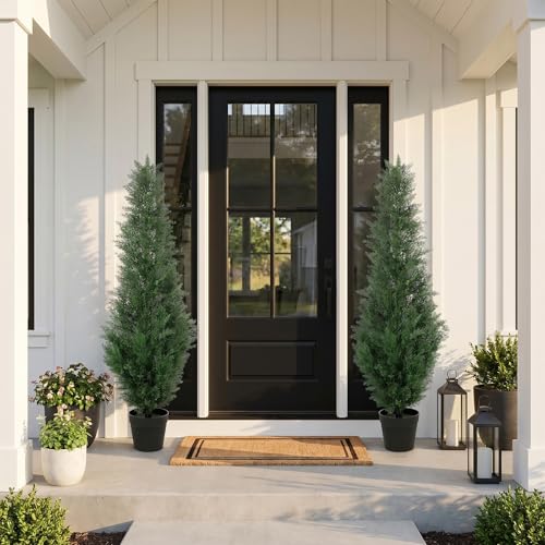 5FT Artificial Cedar Trees, Set of 2 - UV Resistant Realistic Faux Evergreen Cypress Trees, Adjustable Branches, All Weather for Front Porch, Outdoor Planters, Indoor Home Decor - size: 5ft