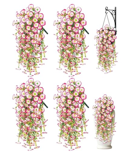 Artificial Hanging Flowers for Outdoors, 4 PCS UV Resistant Morning Glory Flowers with Eucalyptus Leaves, Silk Fake Flower Realistic Faux Plants for Home Patio Porch Garden Decor, White+Pink - color: Pink-white