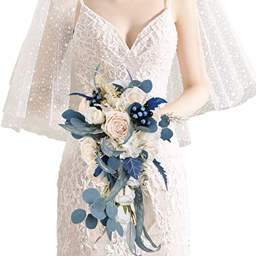 Wedding Bouquets for Bride, 11 Inch Bride Bouquets for Wedding Dusty Blue Artificial Flowers Bridal Bouquet for Wedding Ceremony Anniversary(Dusty Blue) - color: Dusty Blue