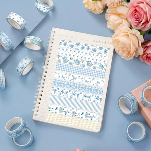 12 Rolls Watercolor Floral Washi Tape Set 15 mm Vintage Flower Decorative Masking Tape for Summer School Arts DIY Craft Scrapbook Journal Supplies Gifts(Blue,Rose) - color: Blue, style: Rose