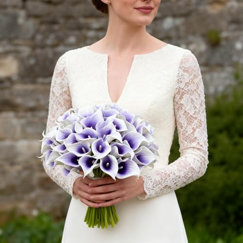 Calla Lily Bridal Wedding Festival Decor Bouquet Real Touch Latex Flower Bouquet Pack of 20 (Purple-White) - color: Purple-white