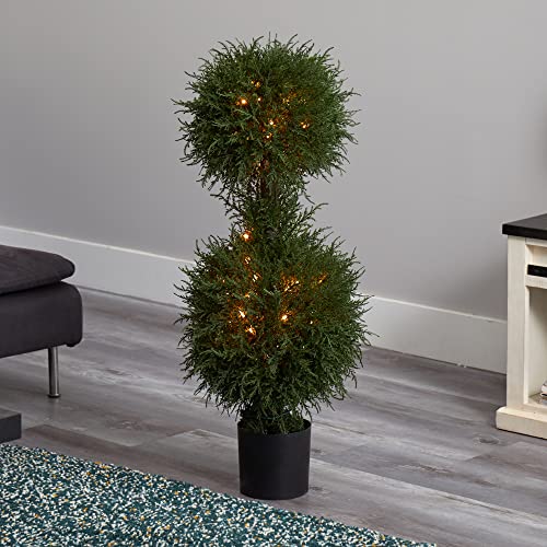 Nearly Natural 40in. Artificial Cedar Double Ball Topiary with Lights - size: 40in.