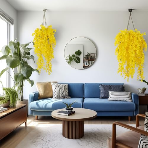 RECUTMS 4Pcs 29.9 Inches Fake Hanging Eucalyptus Plants UV Resistant Plastic Yellow Artificial Greenery for Indoor Outdoor Home Room Garden Farmhouse Front Porch Wedding Arch Patio Party Decoration - color: Pure Yellow 1