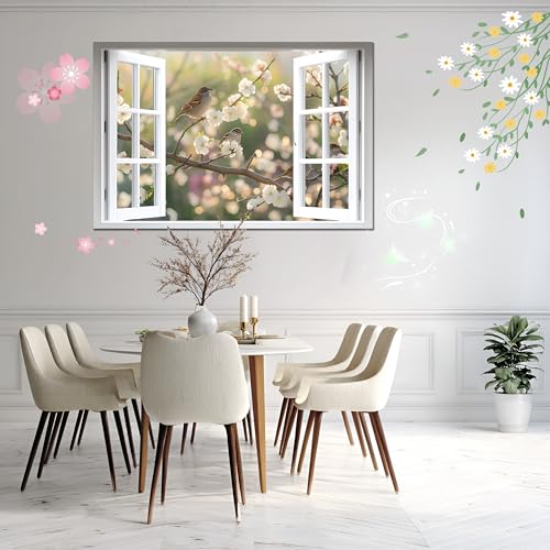 AMAZING WALL Fake Window wall Sticker Spring Blossom Birds Illusion Peel-on Adhesive Vinyl Mural Removable Floral Garden Frame Decor Pastel Songbird Nature Decoration Bedroom playroom,16x24in/1PCS - color: Blossom Birds Spring Garden, size: 16x24"/1pcs